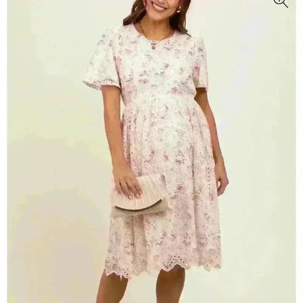 Pinkblush Ivory Floral Embroidered Eyelet Maternity Midi Dress - Picture 3 of 5